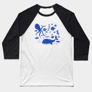 Underwater Sea Life Pattern in Cobalt Blue Baseball T-Shirt